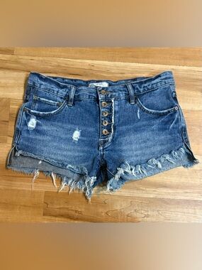 Free People, Distressed Fray Hem Button Fly Jean Shorts, Size 26